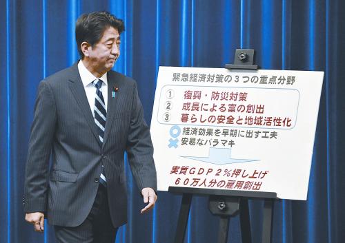 日本首相安倍晉三11日出席記者會。當(dāng)天，安倍內(nèi)閣通過了超過20萬億日元的經(jīng)濟(jì)刺激計(jì)劃。