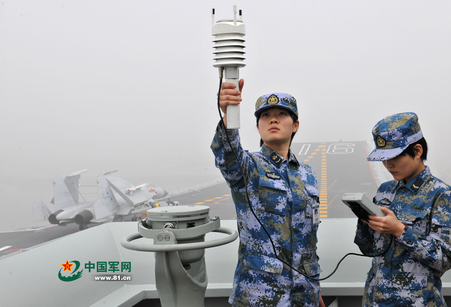 飛行前氣象值班女艦員進(jìn)行風(fēng)力參數(shù)測(cè)定。本網(wǎng)通訊員 王松岐 攝